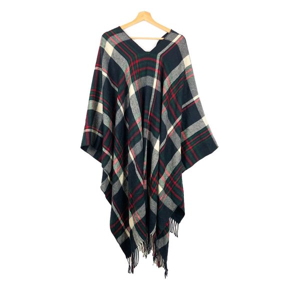 Rendezvous NWT Green Red Navy Plaid Shawl with Clasp OS - Picture 2 of 5